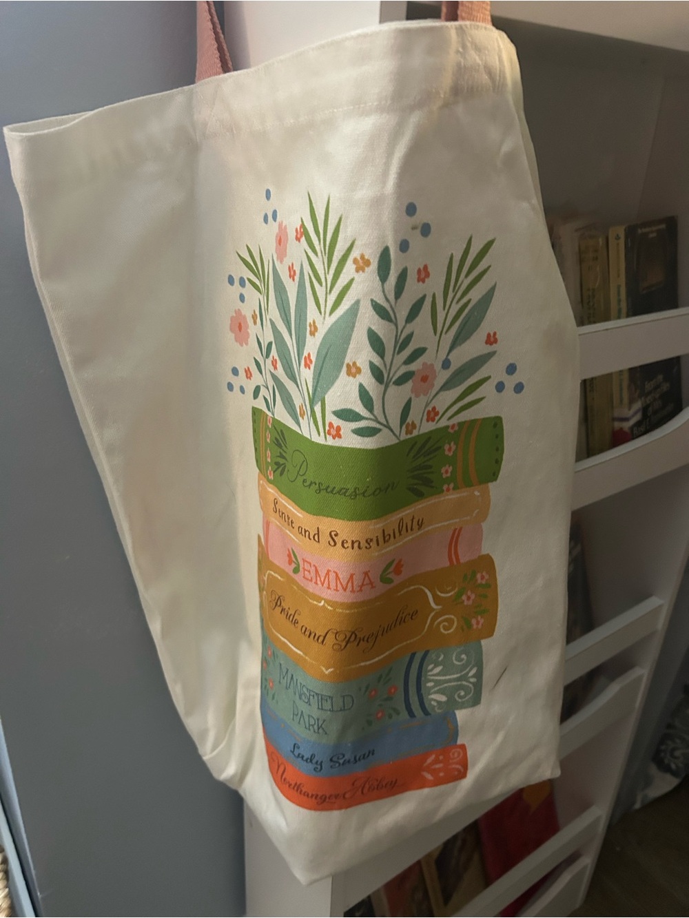 Martha Stewart White Canvas Tote Bag with Multicolor Book Stack Print